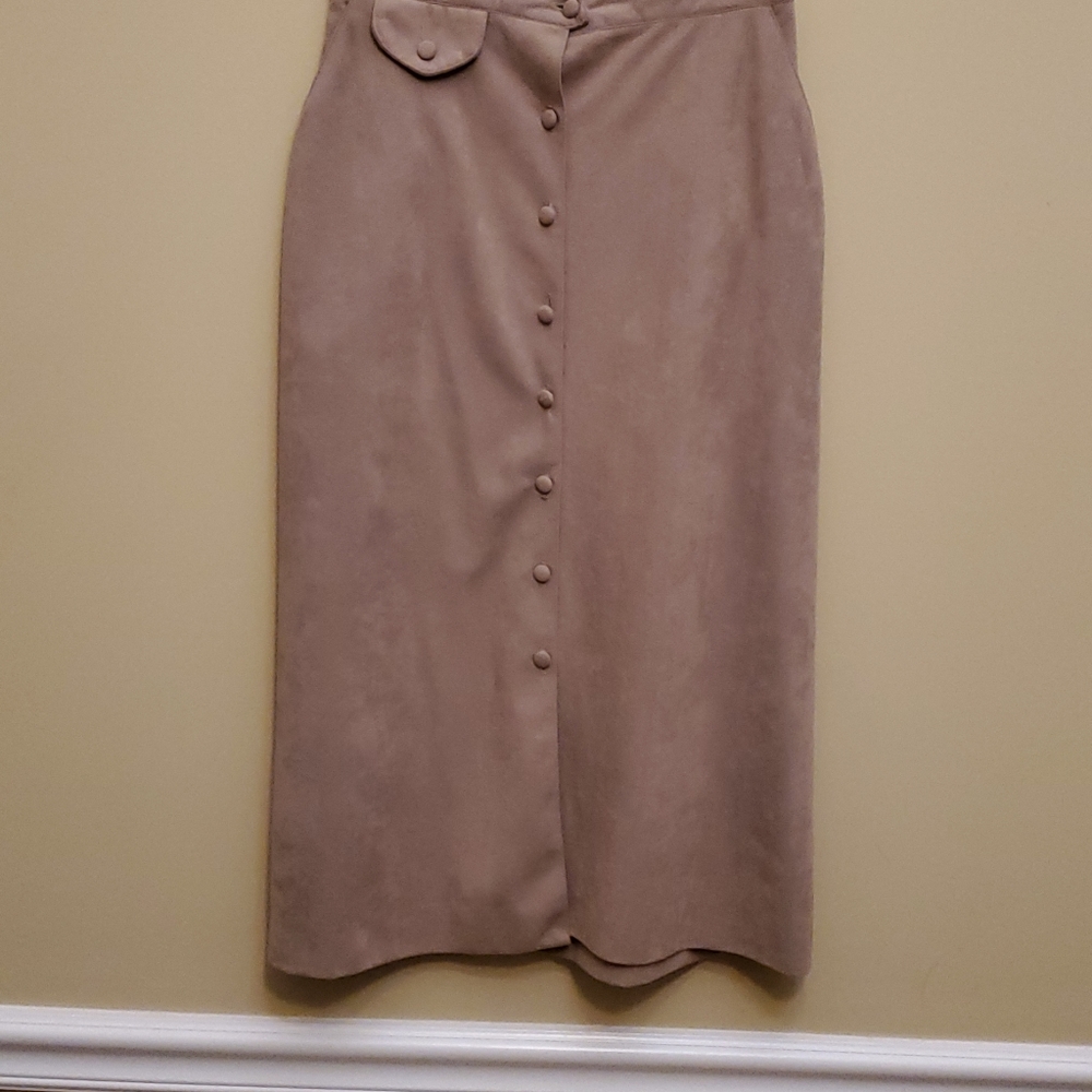 Faux tan suede button button up midi skirt